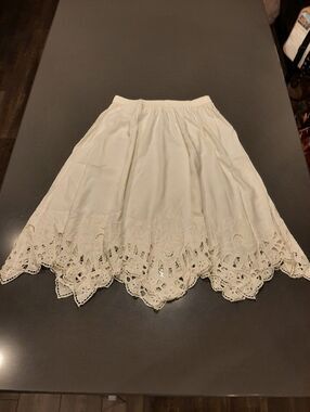 Vintage Bali Emerald White Embroidered Cutwork Rayon Midi Skirt OS Cottagcore